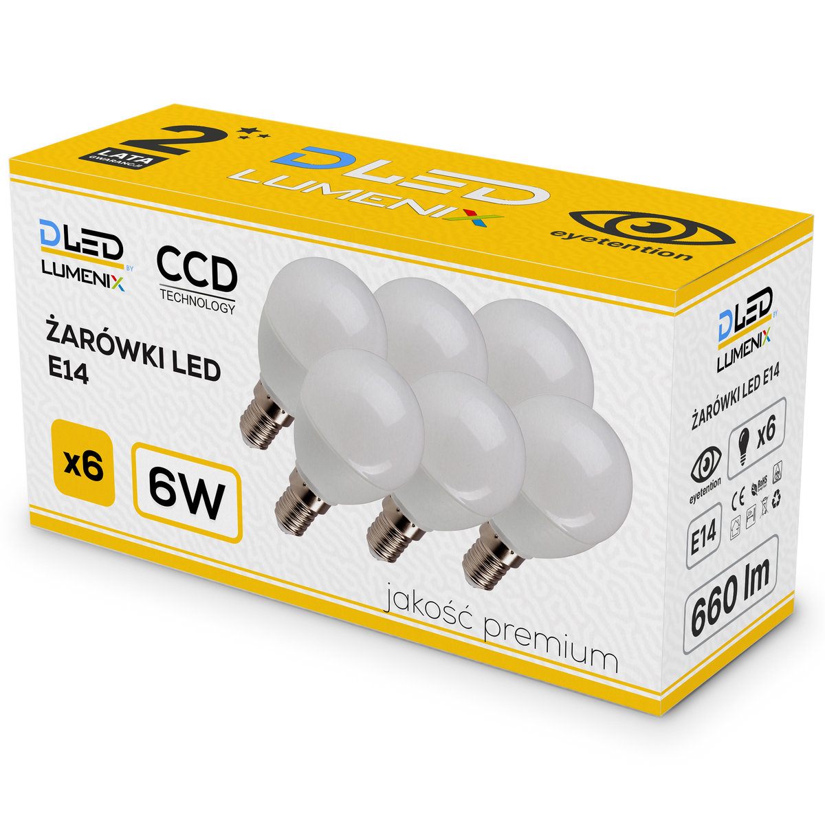 6x Żarówka LED E14 660lm 6W  CCD kulka CIEPŁA