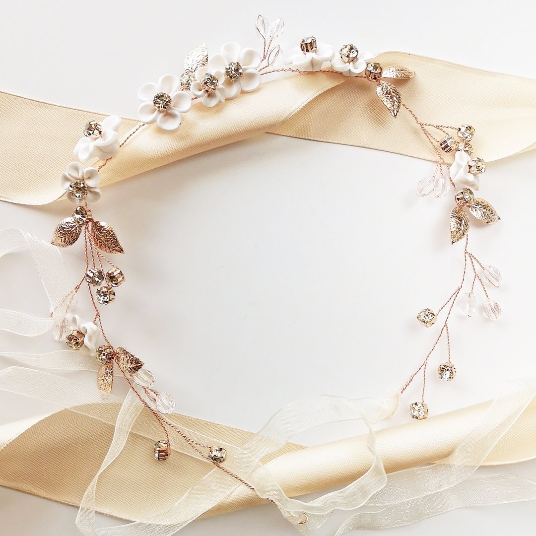 KOKONET, Wianek ROSE kwiatowy z listkami ozdoba ślubna BOHO