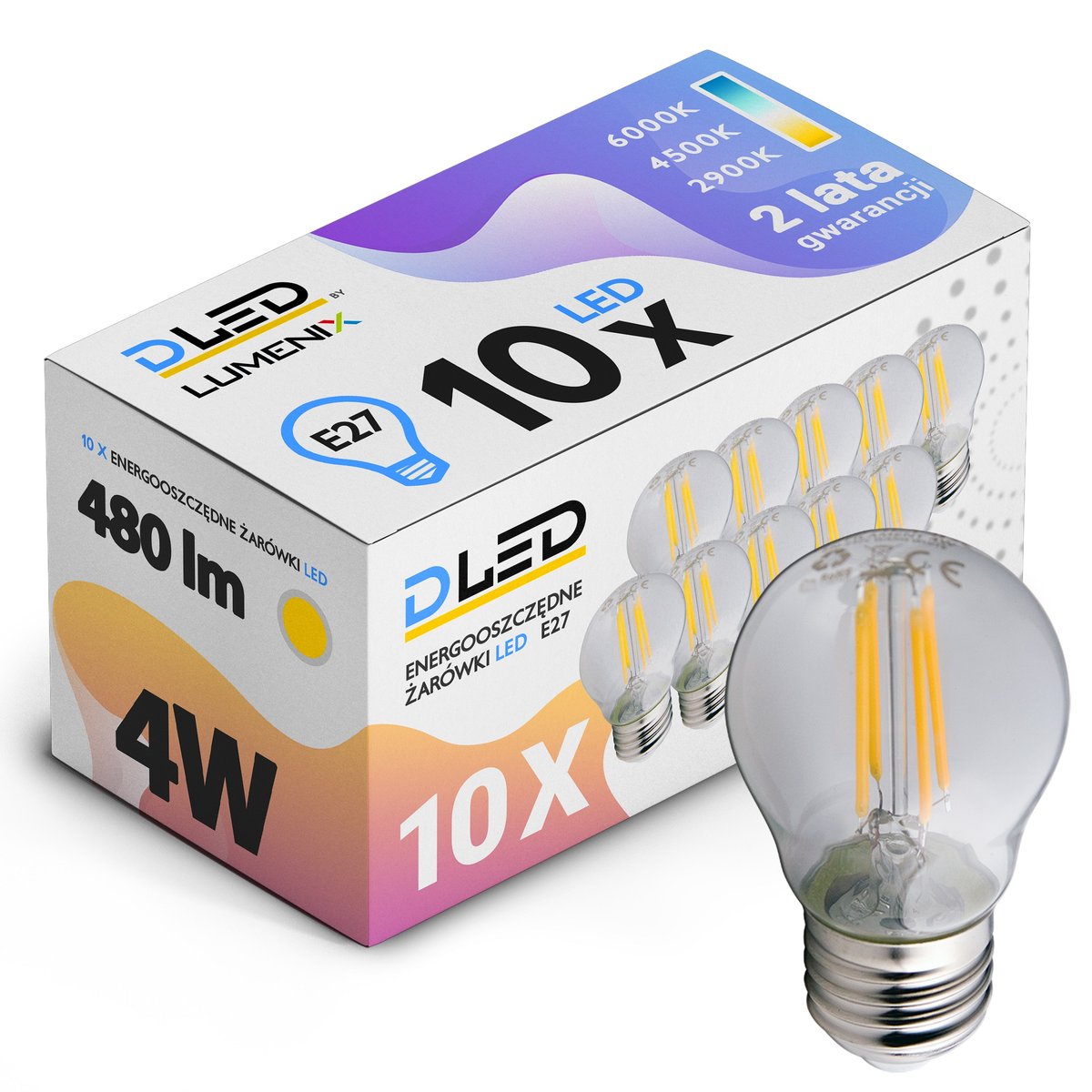 10x Żarówka LED E27 480lm 4W FILAMENT NEUTRALNA