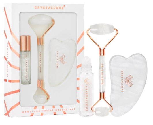 Crystallove Crystallove Crystal Quartz Beauty Set ZESTAW Masażer do twarzy 1 szt. + Płytka do masażu twarzy gua sha 1 szt + Buteleczka z kryształkami górskimi na olejek 10 ml