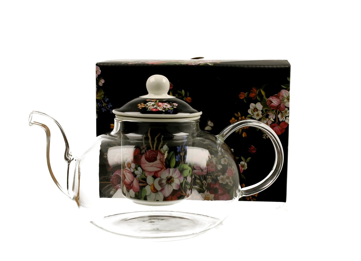 Dzbanek do herbaty, szklany  z zaparzaczem DUO VINTAGE FLOWERS BLACK 1000 ml