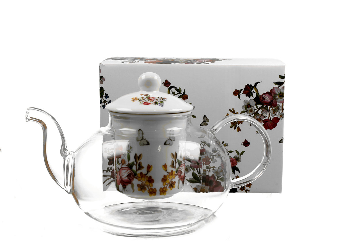 Dzbanek do herbaty, szklany  z zaparzaczem DUO VINTAGE FLOWERS WHITE 1000 ml