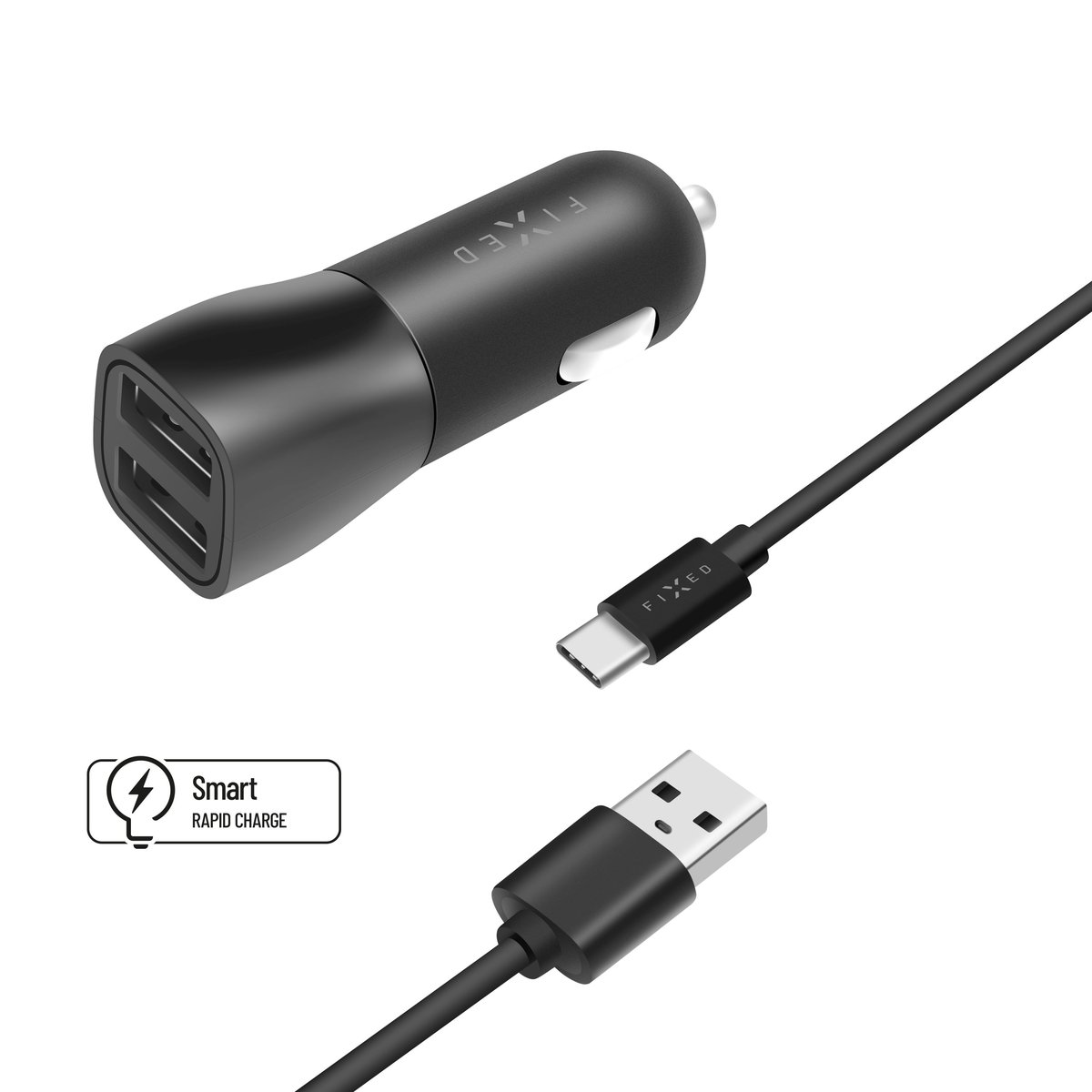 Zasilacz samochodowy FIXED 2xUSB 15W Smart Rapid Charge + USB-C kabel 1m FIXCC15-2UC-BK) Czarny