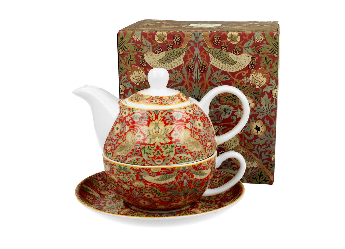 Dzbanek do herbaty porcelanowy z filiżanką i spodkiem DUO Strawberry Thief Red William Morris 350 ml