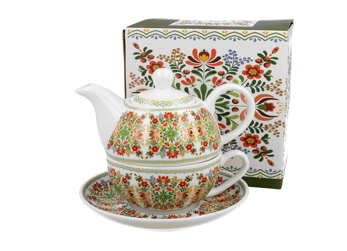 Dzbanek do herbaty porcelanowy z filiżanką i spodkiem DUO WZÓR WĘGIERSKI 350 ml
