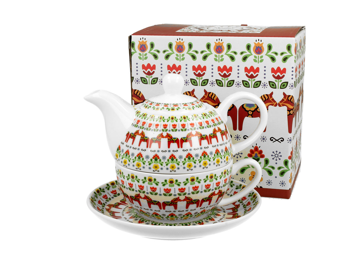 Dzbanek do herbaty porcelanowy z filiżanką i spodkiem DUO WZÓR SKANDYNAWSKI 350 ml