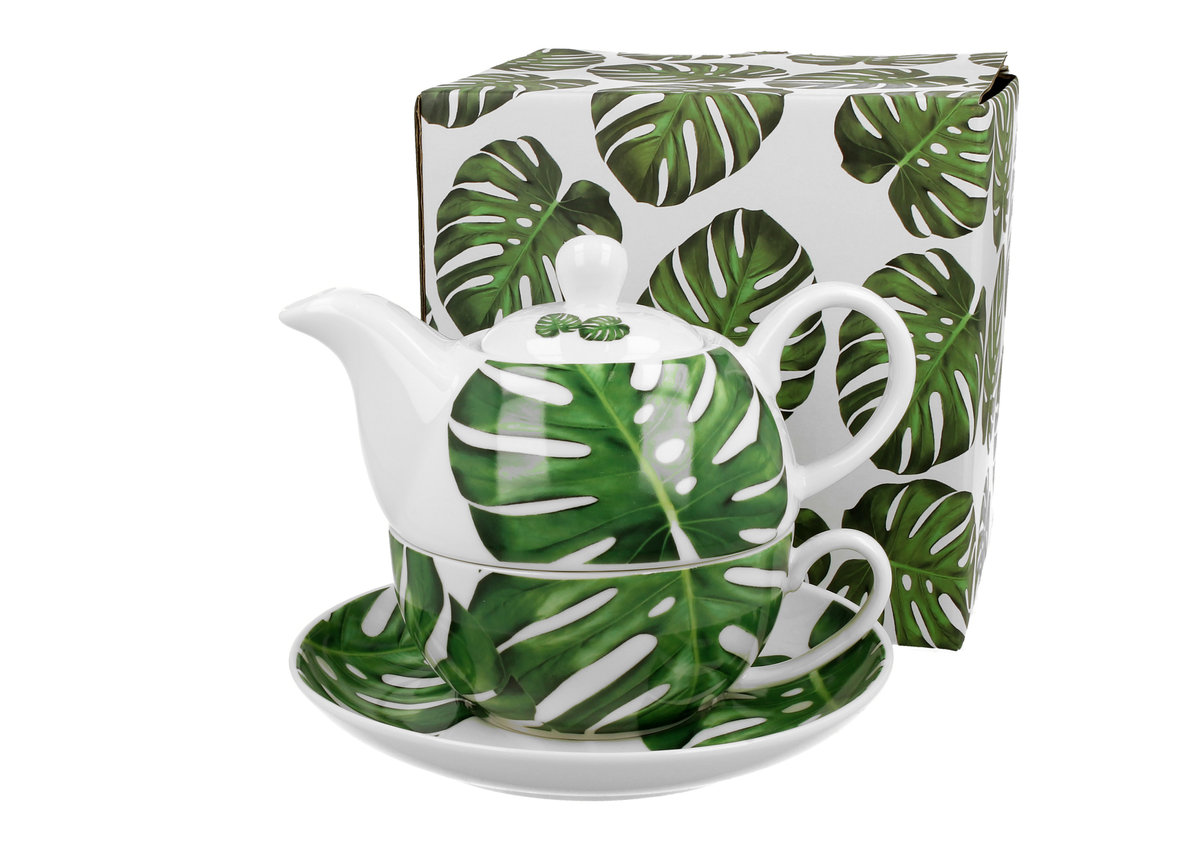 Dzbanek do herbaty porcelanowy z filiżanką i spodkiem DUO MONSTERA 350 ml