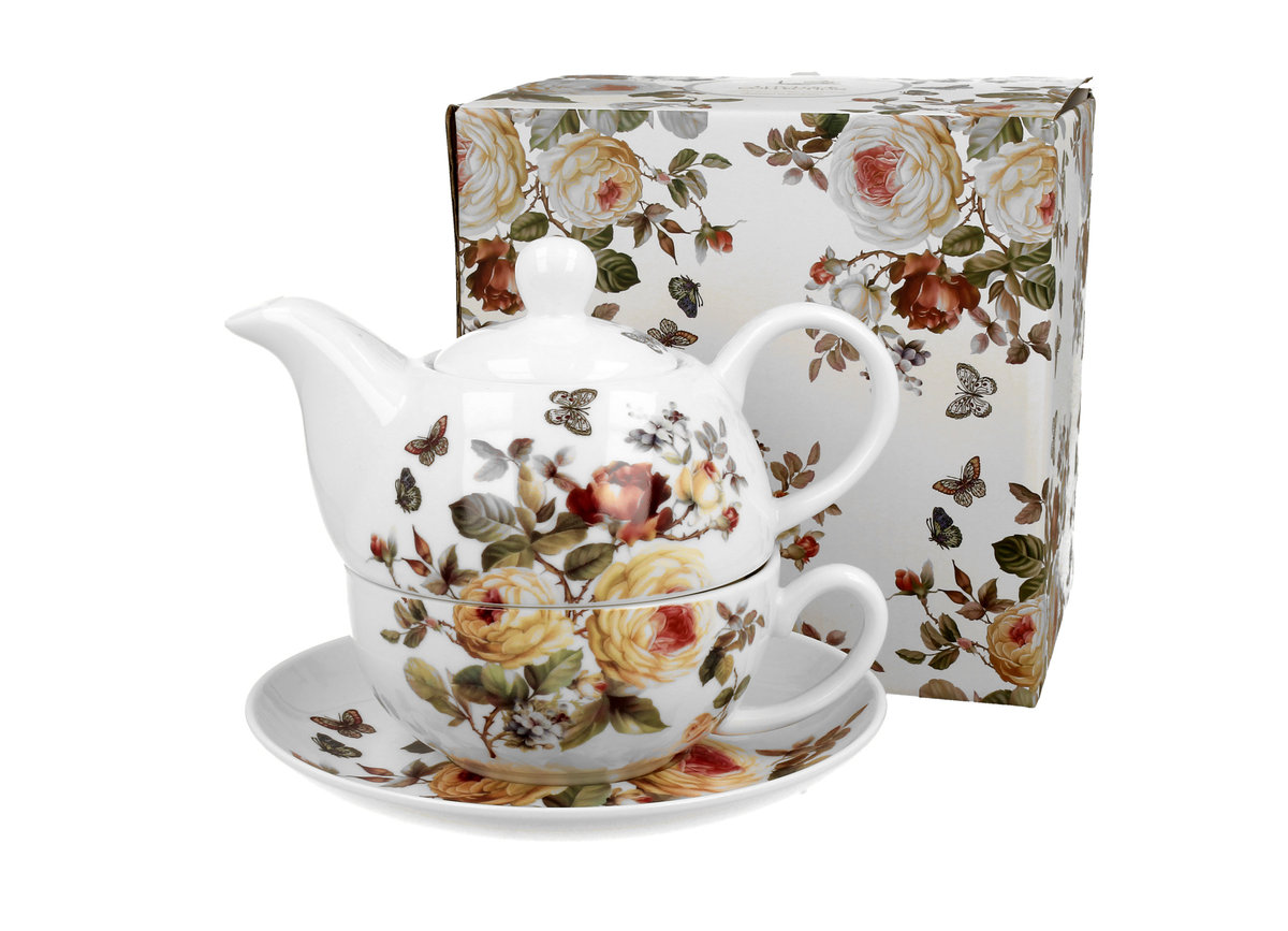 Duo Dzbanek Do Herbaty I Kawy Porcelanowy Z Filiżanką I Spodkiem Romantic Zahra Biały 0,35 L