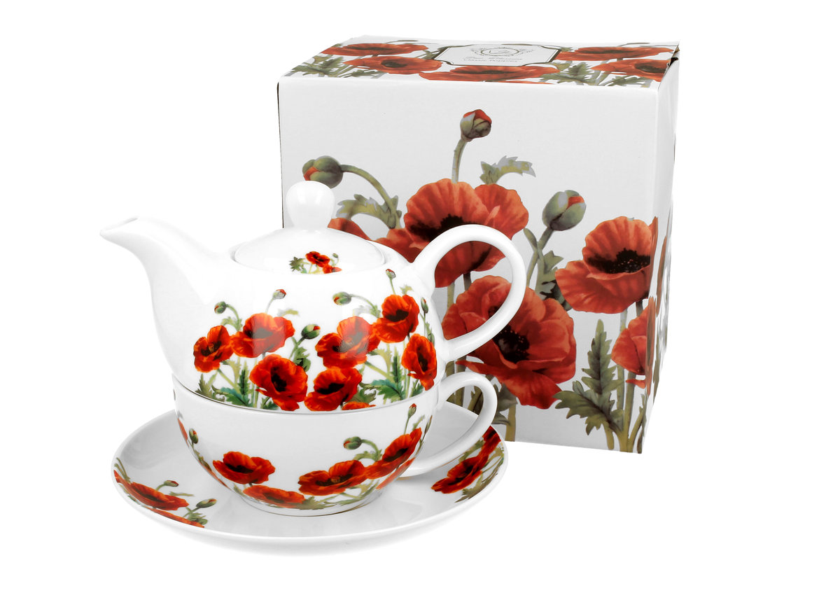 Dzbanek do herbaty porcelanowy z filiżanką i spodkiem DUO CLASSIC POPPIES 350 ml