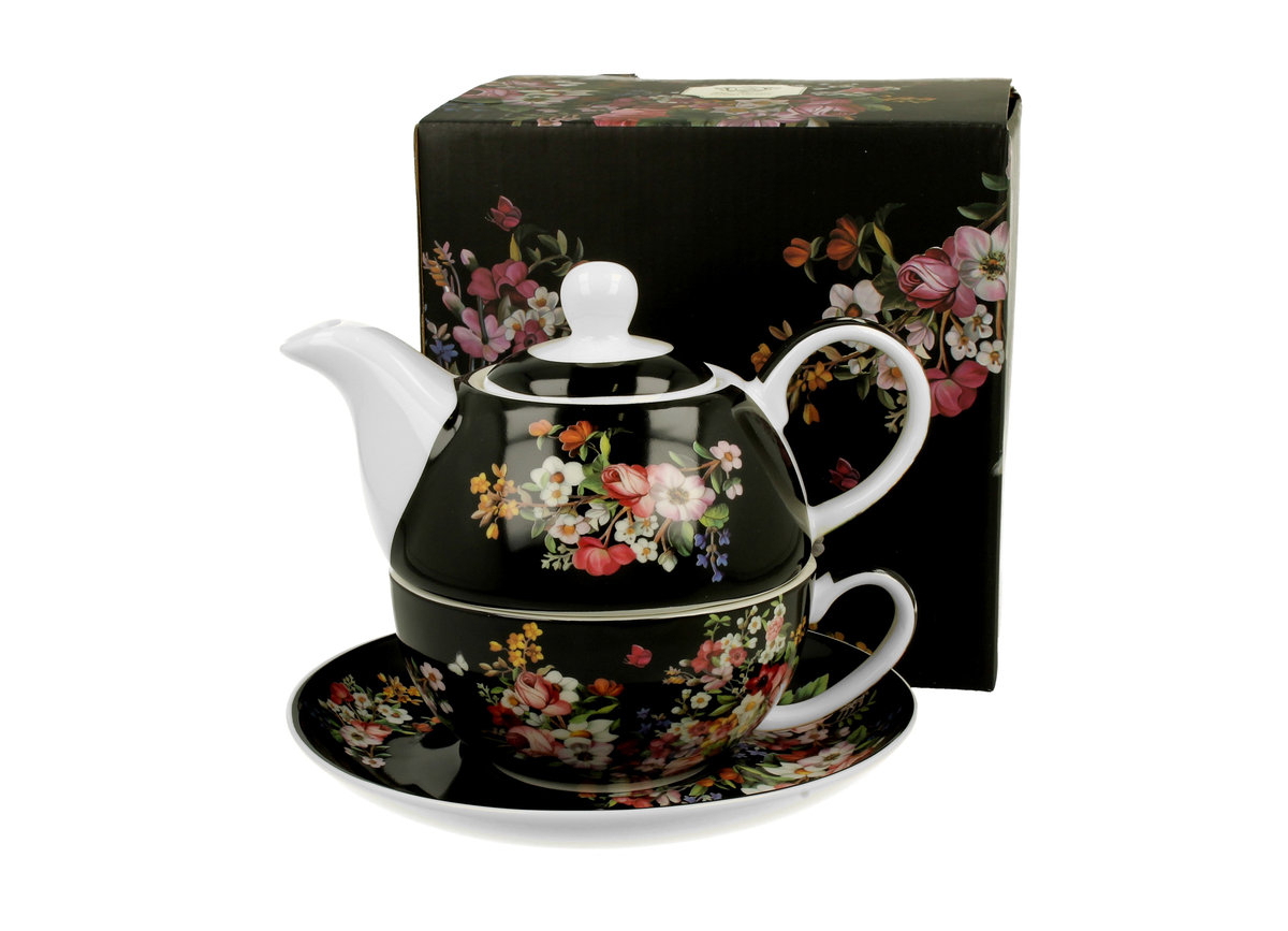 Dzbanek do herbaty porcelanowy z filiżanką i spodkiem DUO VINTAGE FLOWERS BLACK 350 ml