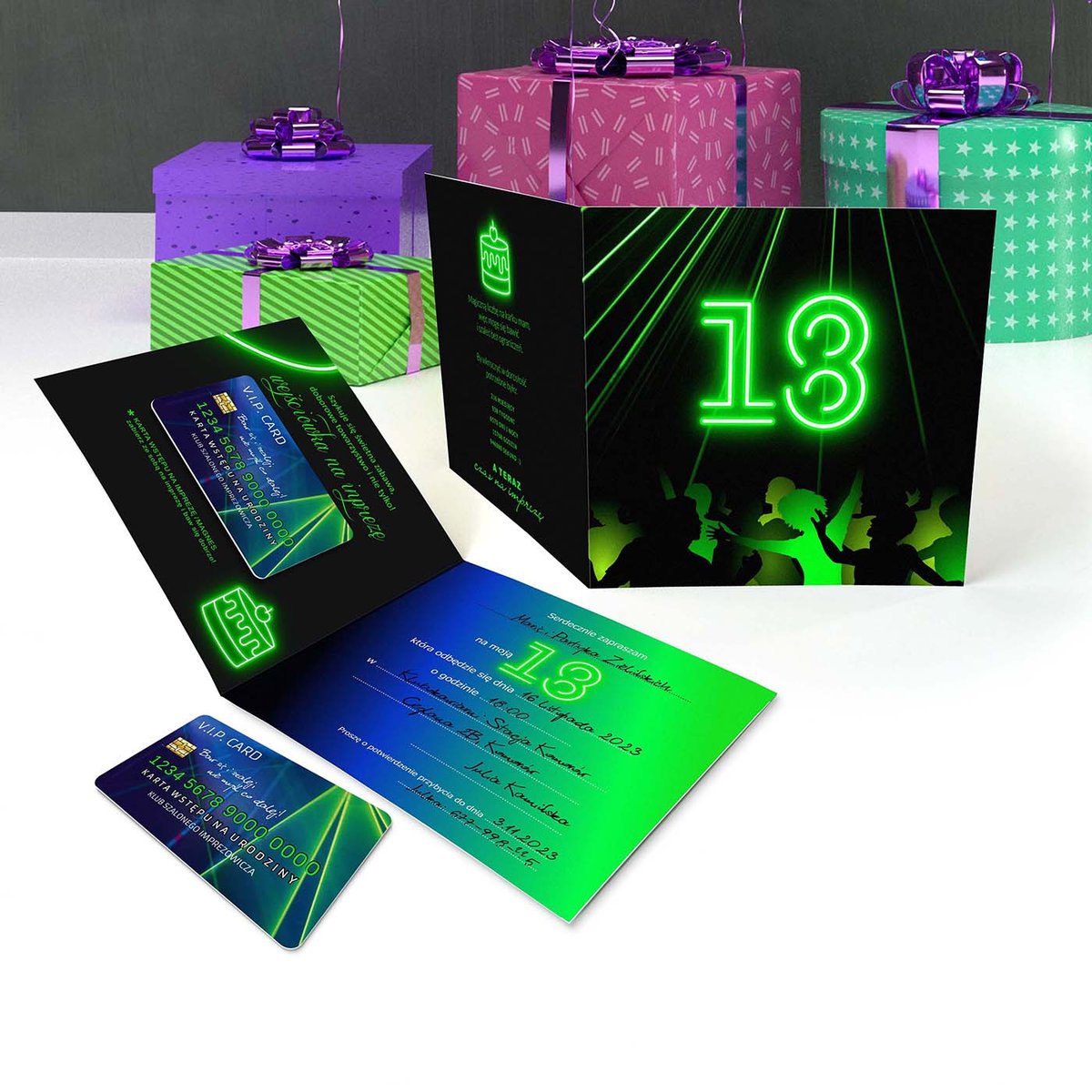 Zaproszenie 18 urodziny laser neon, Karta wejściówka 63336