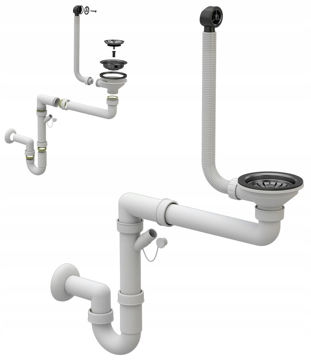 Czarny syfon manualny przyścienny 1 komora do zlew