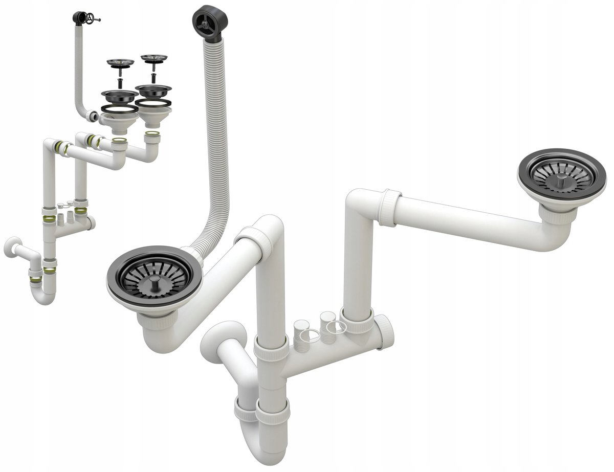 Czarny syfon manualny przyścienny 2 komory do zlew