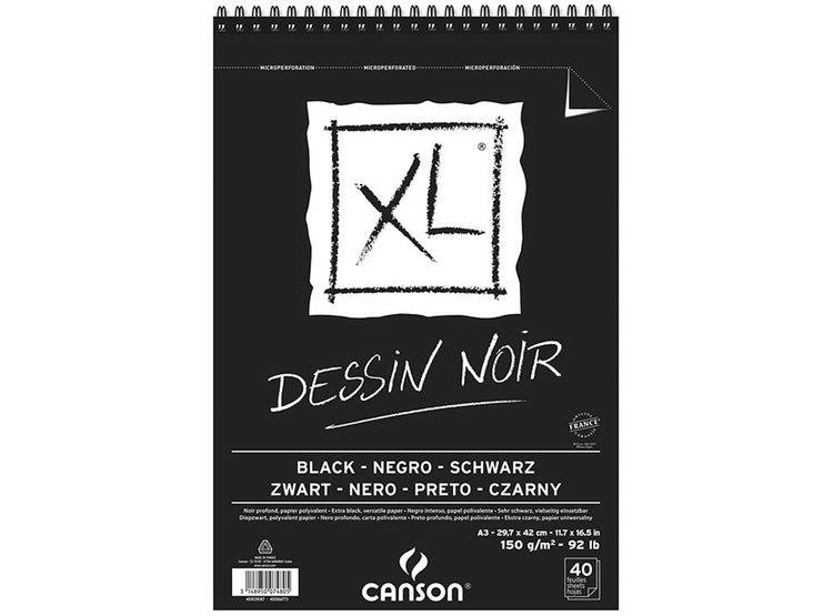 Canson XL Dessin Noir blok do szkicowania, lekko ziarnisty 150 g/m2, 40 arkuszy na blok Spirala na krótkiej stronie, czarny, czarny 400039087