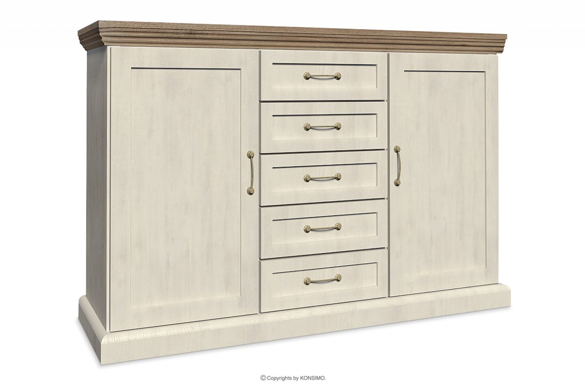 Kremowa komoda z półkami i szufladami do salonu ARVEN