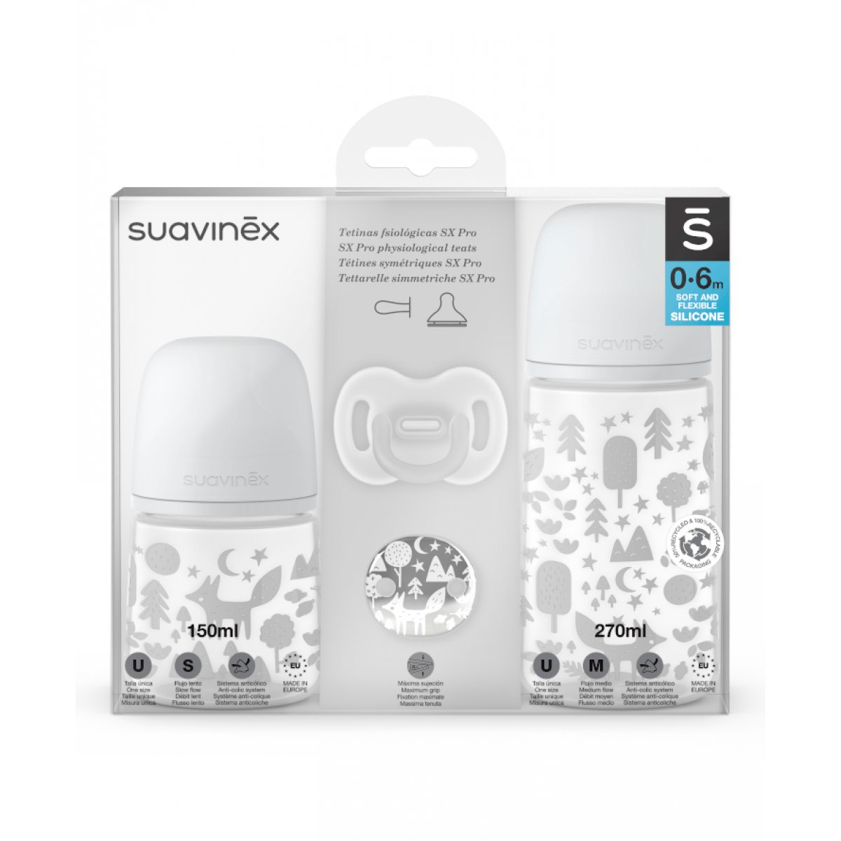 Suavinex Zestaw butelka 150ml + 270ml + smoczek 0-6m silicone + klips szary Fox 0077095