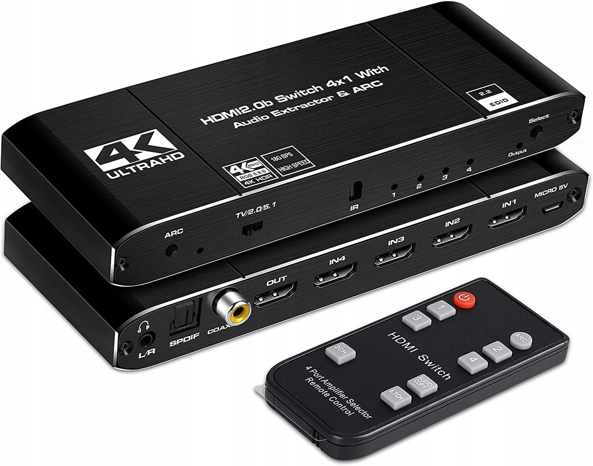 Switch Hdmi 2.0 4X1 Rozdzielac Ekstraktor Audio 4K