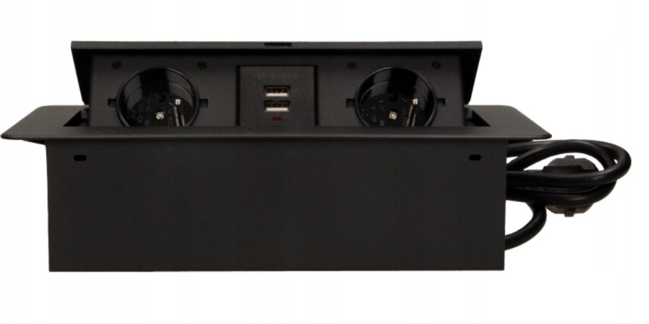 Orno Gniazda wpuszczane w blat z płaskim frezowanym rantem, ładowarką USB i przewodem 1, 5m, 2x2P+Z, 2xUSB, czarne OR-AE-13126/B