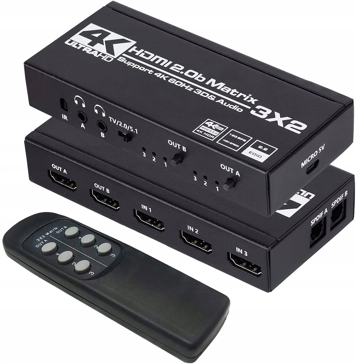 Matrix Hdmi 2.0 3X2 Switch Splitter Ekstrakt Spdif