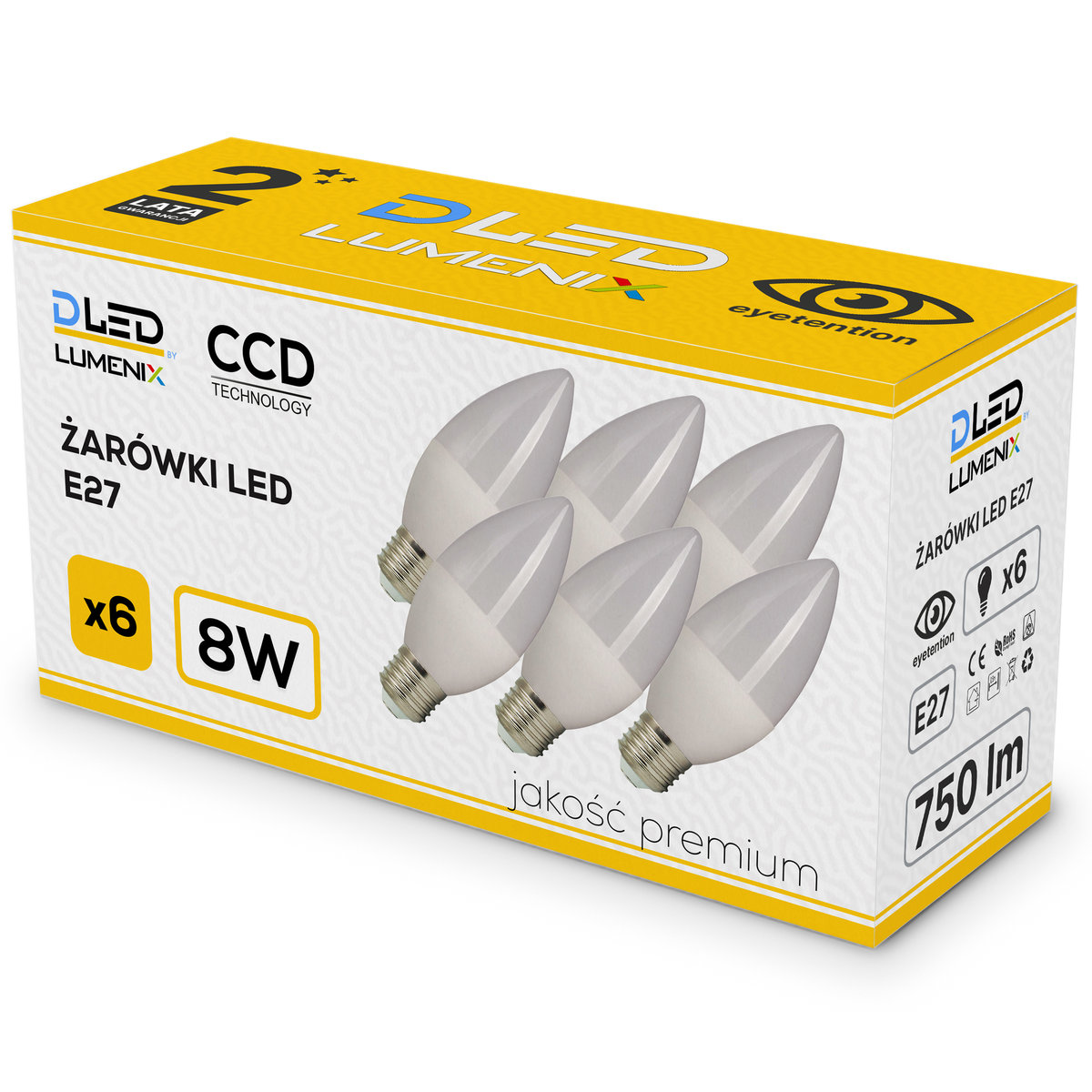 6x Żarówka LED E27 750lm 8W ŚWIECZKA NEUTRALNA