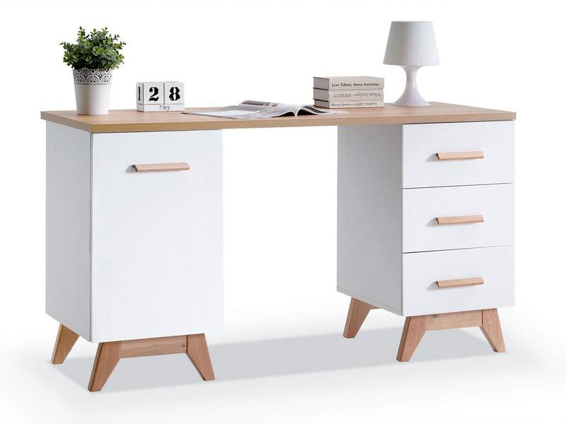 Białe Biurko 140Cm Z Szafką I Szufladami Dębowy Blat Nogi I Uchwyty