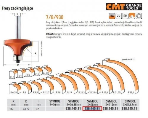 CMT FREZ ZAOKRĄGLAJĄCY Z ŁOŻYSKIEM HM R=16 D=44,5 I=22 S=8 CMT938.445.11
