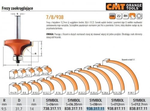 CMT FREZ ZAOKRĄGLAJĄCY Z ŁOŻYSKIEM HM R= 9,5 D=31,7 I=14 S=8 CMT938.317.11