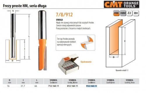 CMT Frez prosty HM do drewna, średnica 16 mm, długość robocza 31,7 mm - CMT (912.160.11)