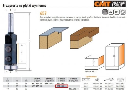 CMT FREZ NA PŁYTKI WYMIENNE Z ŁOŻYSKIEM HM D=19 I=30 L=74 S=8 CMT657.191.11