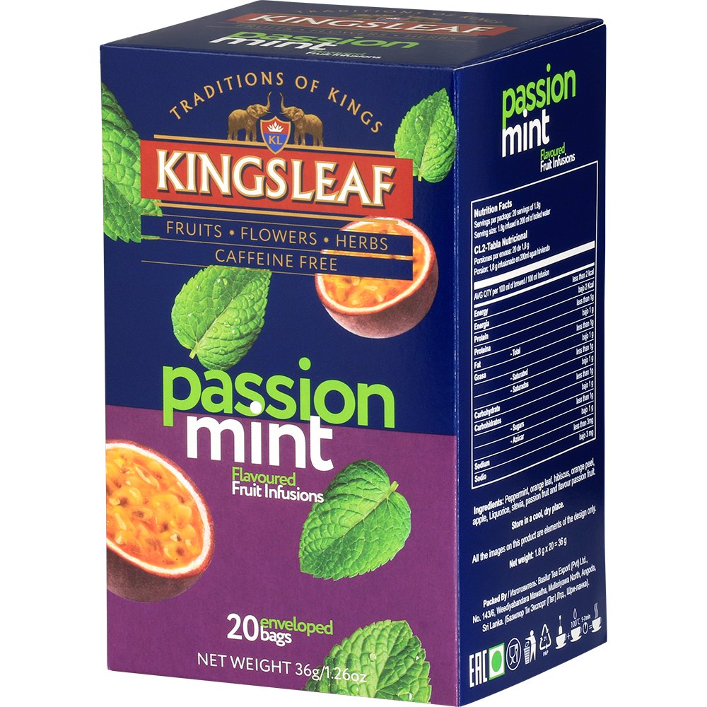Kingsleaf PASSION MINT herbata owocowa MARAKUJA LUKRECJA STEWIA MIĘTA napar bez kofeiny saszetki - 20 x 1,8 g
