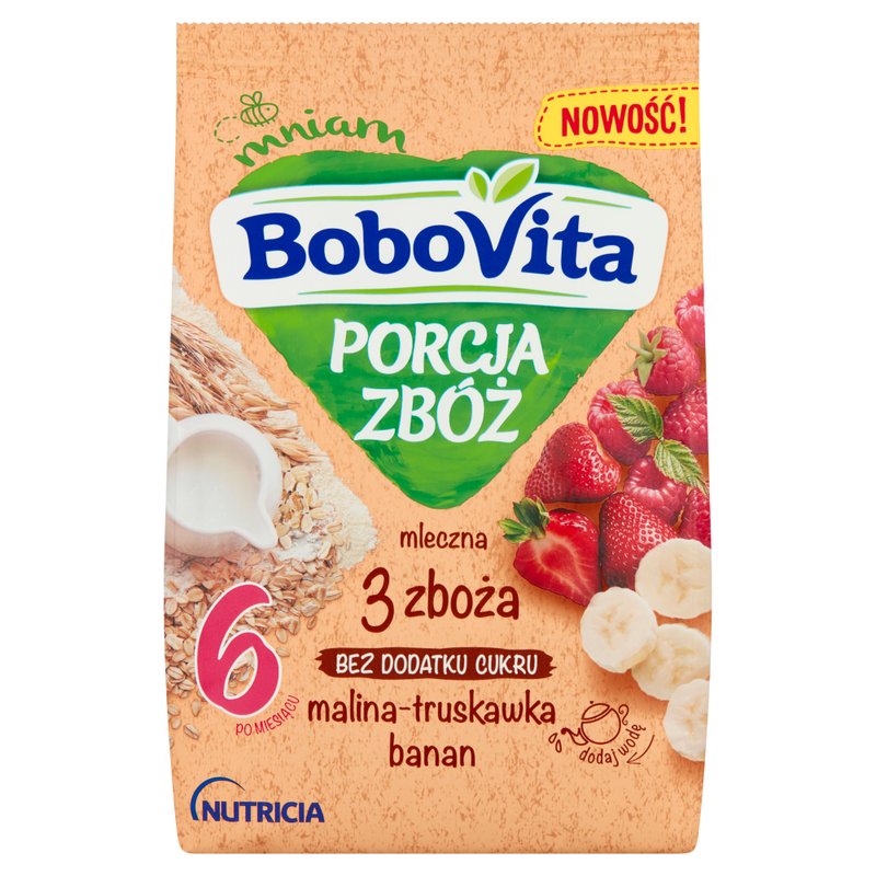 Bobovita Porcja Zbóż Kaszka mleczna 3 zboża malina truskawka 210 g 5900852041150