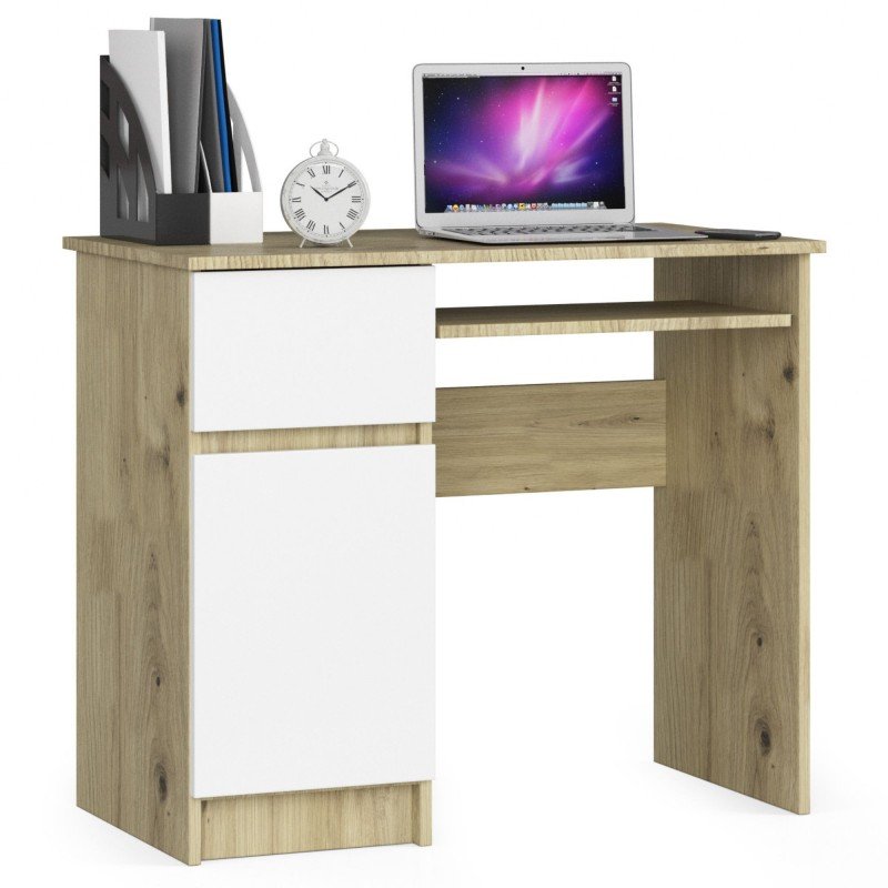 Biurko komputerowe 90 cm Piksel lewe - dąb artisan-białe