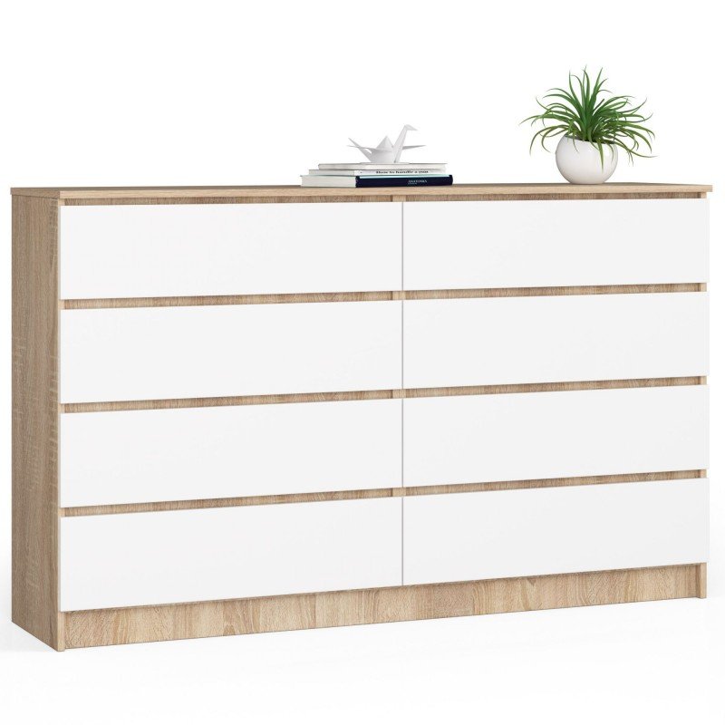 Komoda do salonu K 160 cm 8 szuflad - dąb sonoma-biała
