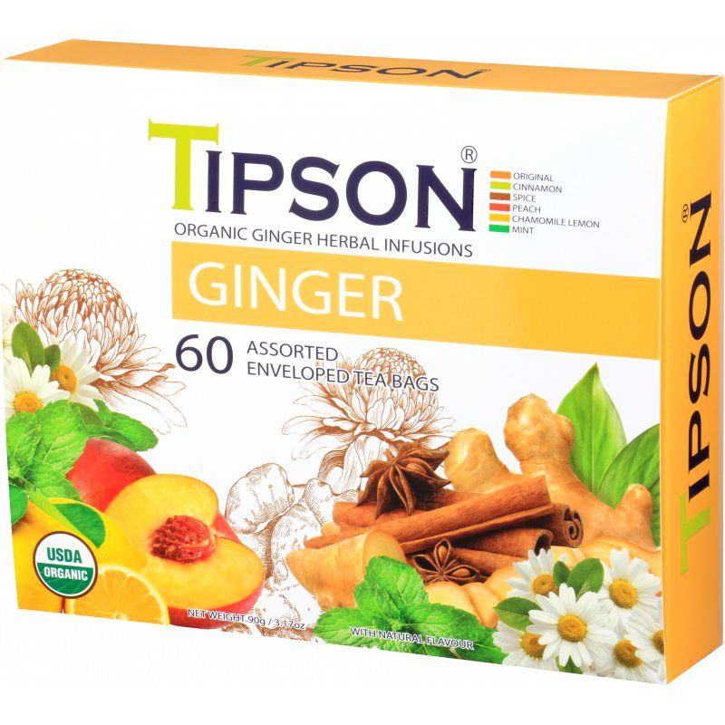 Tipson ORGANIC GINGER ASSORTED herbata ziołowa 6 SMAKÓW bez kofeiny saszetki 60 x 1,5 g