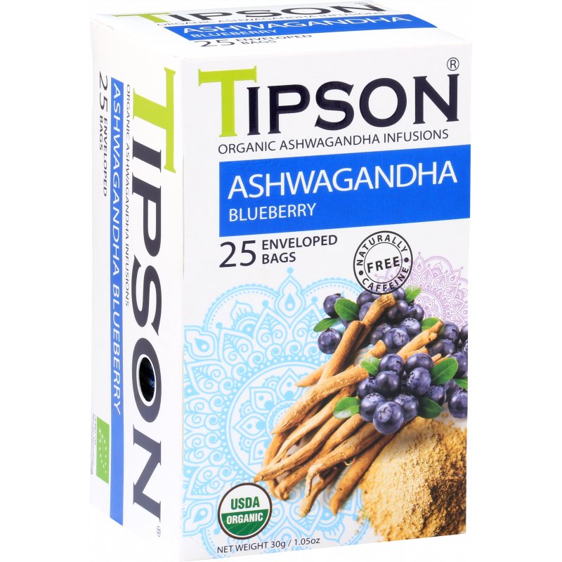 Tipson Organic Ashwagandha Blueberry Herbata Ziołowa Borówka Saszetki – 25 X 1,2 G