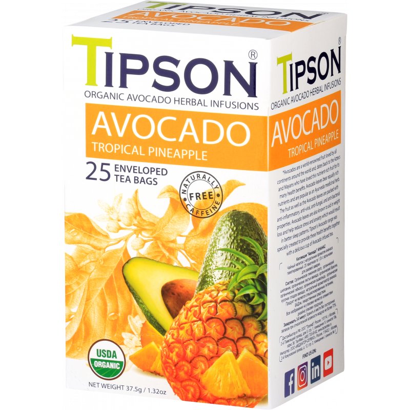 Tipson ORGANIC AVOCADO TROPICAL PINEAPPLE herbata ziołowa AWOKADO ANANAS HIBISKUS saszetki - 25 x 1,5 g