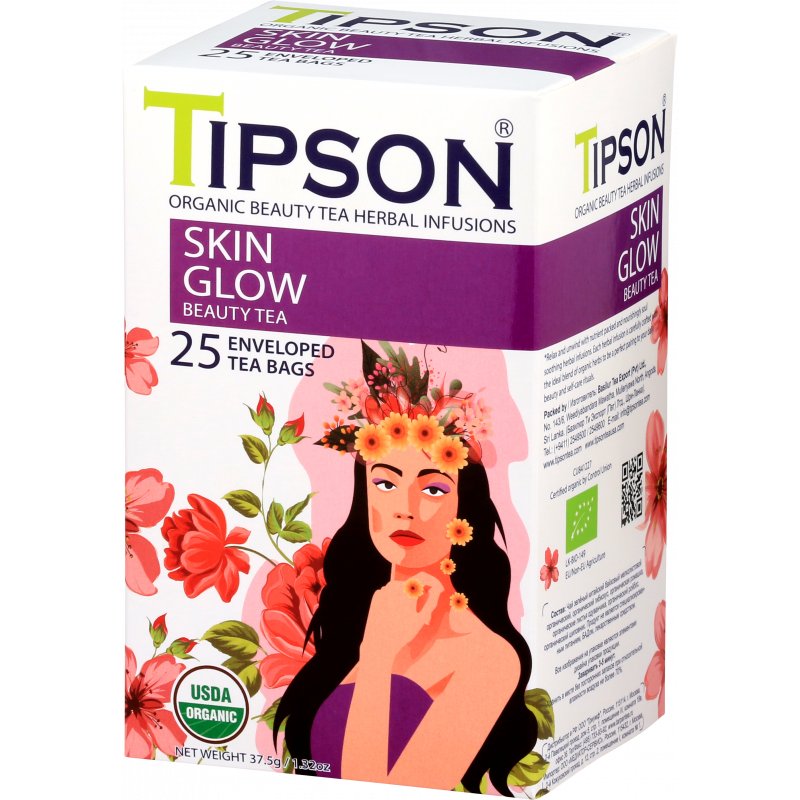 Tipson ORGANIC BEAUTY SKIN GLOW herbata ziołowa HIBISKUS ROOIBOS ZIELONA HERBATA saszetki - 25 x 1,5 g