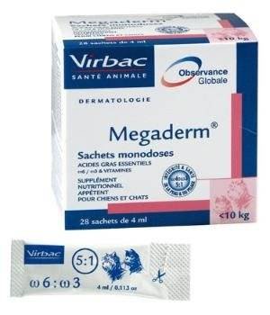 Virbac Megaderm 28x4 ml suplement diety dla psów i kotów do 10 kg na problemy skórne