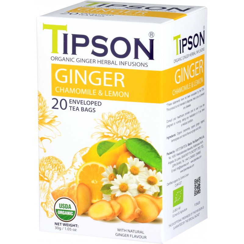 Tipson Organic Ginger Chamomile & Lemon Herbata Ziołowa Imbir Rumianek Cytryna Saszetki - 20 X 1,5 G