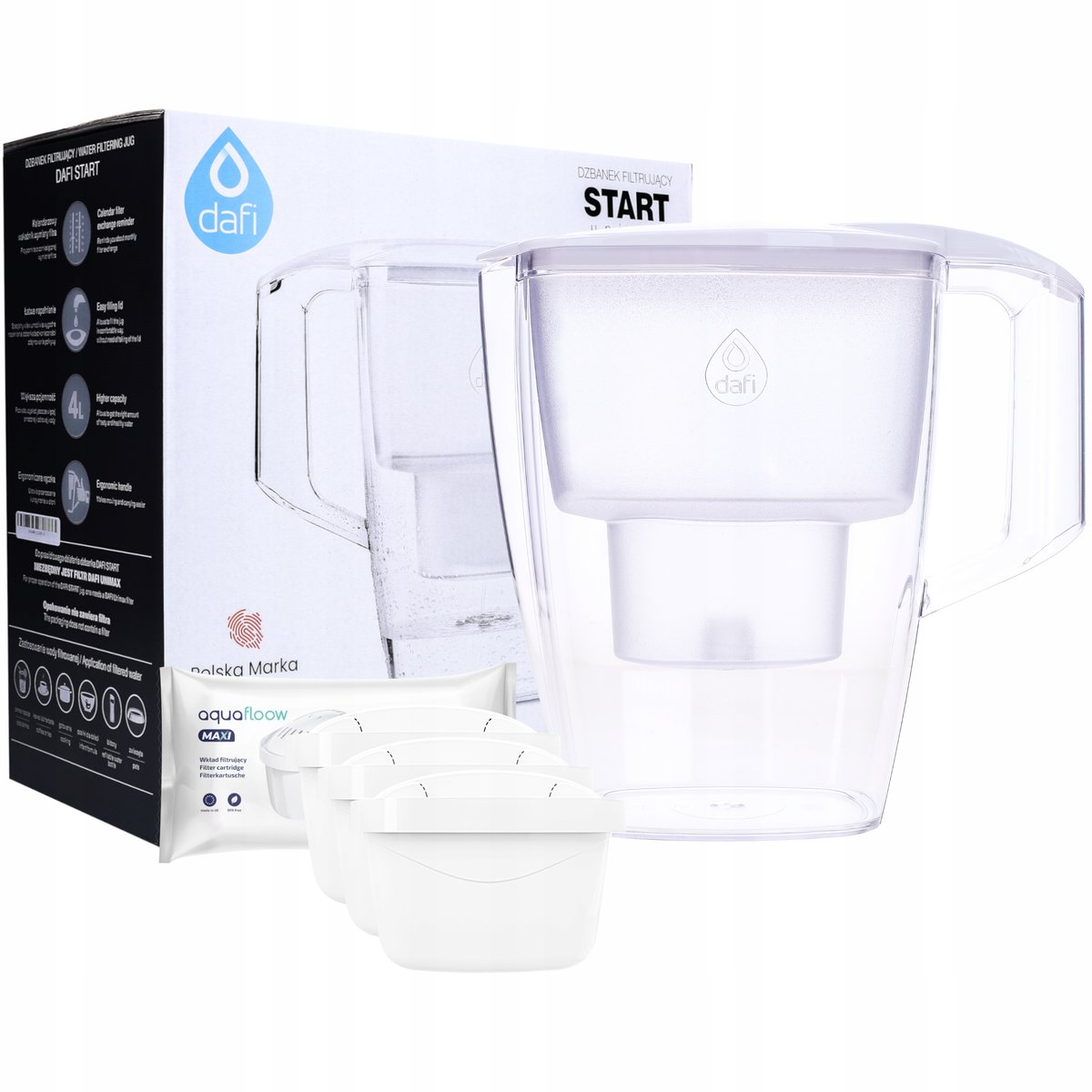 Dzbanek Filtrujący Dafi Start 4 L Przezroczysty + 3× Wkład Filtrujący Aquafloow Maxi 1 Szt.
