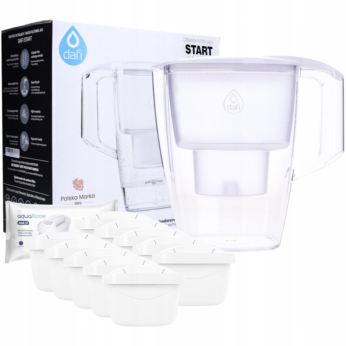 Dzbanek Filtrujący Dafi Start 4 L Przezroczysty + 10× Wkład Filtrujący Aquafloow Maxi