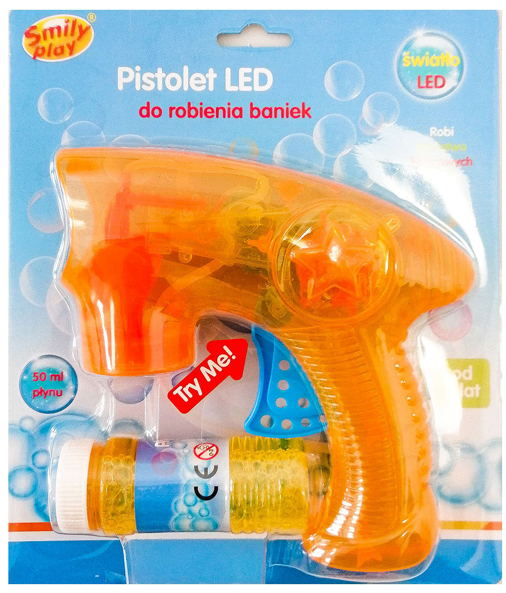 Pomarańczowy pistolet do baniek mydlanych z płynem światełka LED