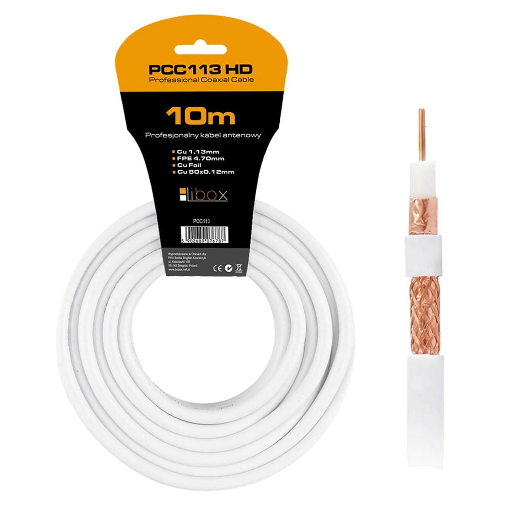 Kabel koncentryczny RG6U PCC113-10  CU+CU+CU HD  10m LIBOX