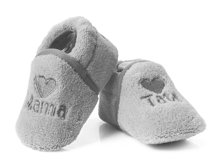 Szare buciki niemowlęce haftowane MAMA TATA 0-6m.