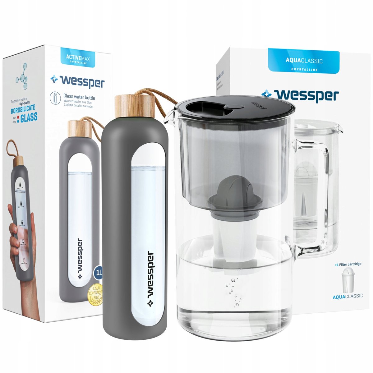 Wessper Dzbanek Szklany Aquaclassic Crystalline 2,5L Czarny + Butelka Szklana Activemax Crystalline Z Silikonowym Etui 1L Szara