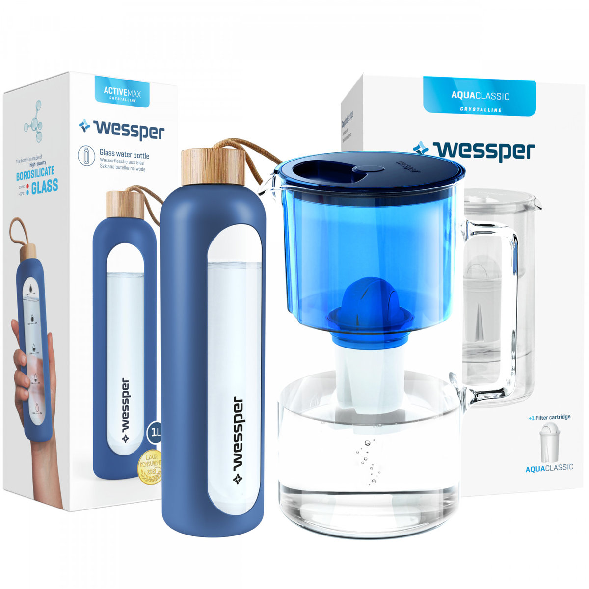 Wessper Dzbanek Szklany Aquaclassic Crystalline 2,5L + Butelka Szklana Activemax Crystalline Z Silikonowym Etui 1L W Kolorze Niebieskim