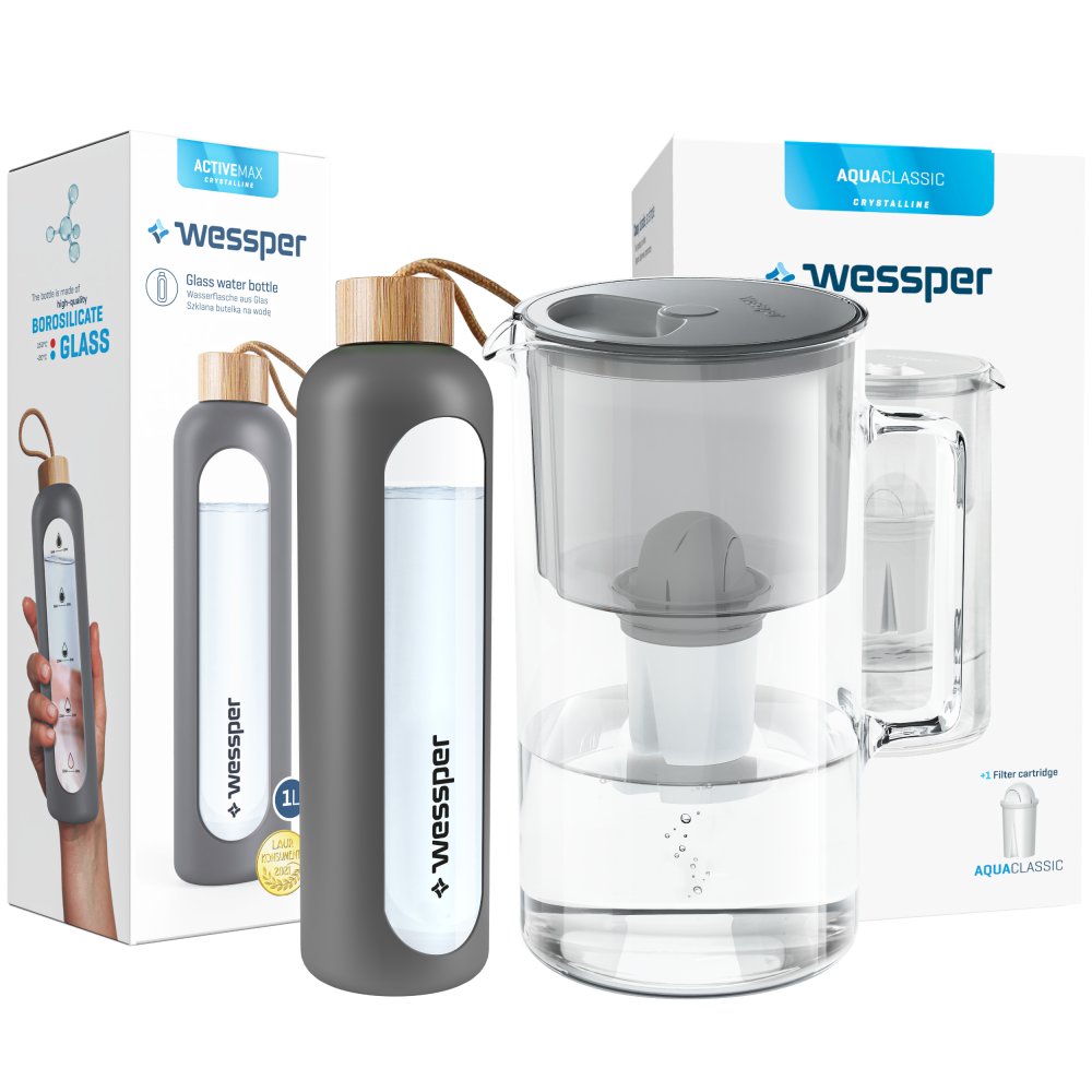 Wessper Dzbanek Szklany Aquaclassic Crystalline 2,5L + Butelka Szklana Activemax Crystalline Z Silikonowym Etui 1L W Kolorze Szarym