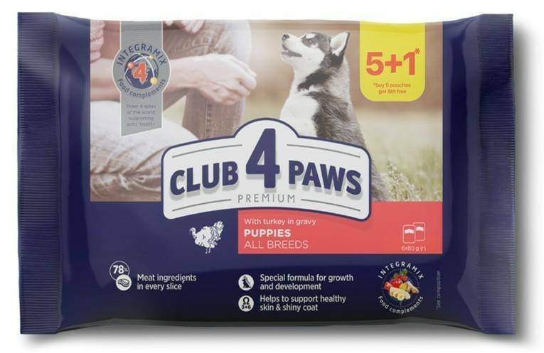 KORMOTECH Club 4 Paws Zestaw Indyk W Sosie Dla Szczeniąt Wszystkich Ras  5+1 ( 6 x 80 g)