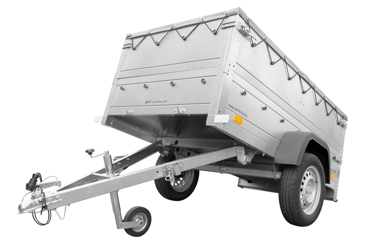 Przyczepa Do Auta Unitrailer Garden Trailer 200 Kipp (New) Z Kołem Podporowym, Burtami Bis I Pokrowcem Płaskim Szarym