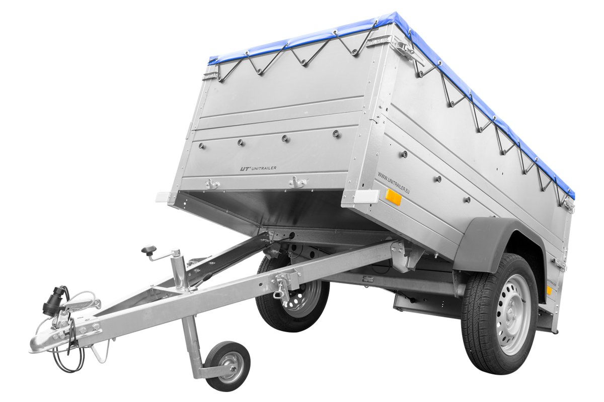 UNITRAILER Nowa przyczepa samochodowa GARDEN TRAILER 200 KIPP z kołem podporowym, burtami bis i pokrowcem niebieskim płaskim UT004237